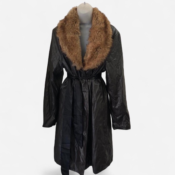 Brown wrinkled faux leather trench coat jacket faux fur collar whimsygoth grunge